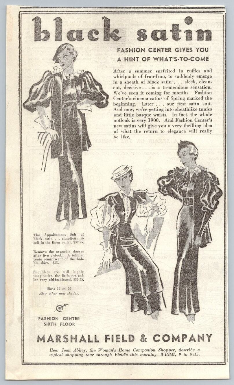 1930s Marshall Field Black Satin Fashion Print Ad Vintage Chicago Flapper